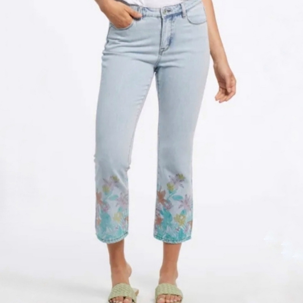 Tribal Audrey Mid-Rise Printed Straight Cropped Jeans SZ 4